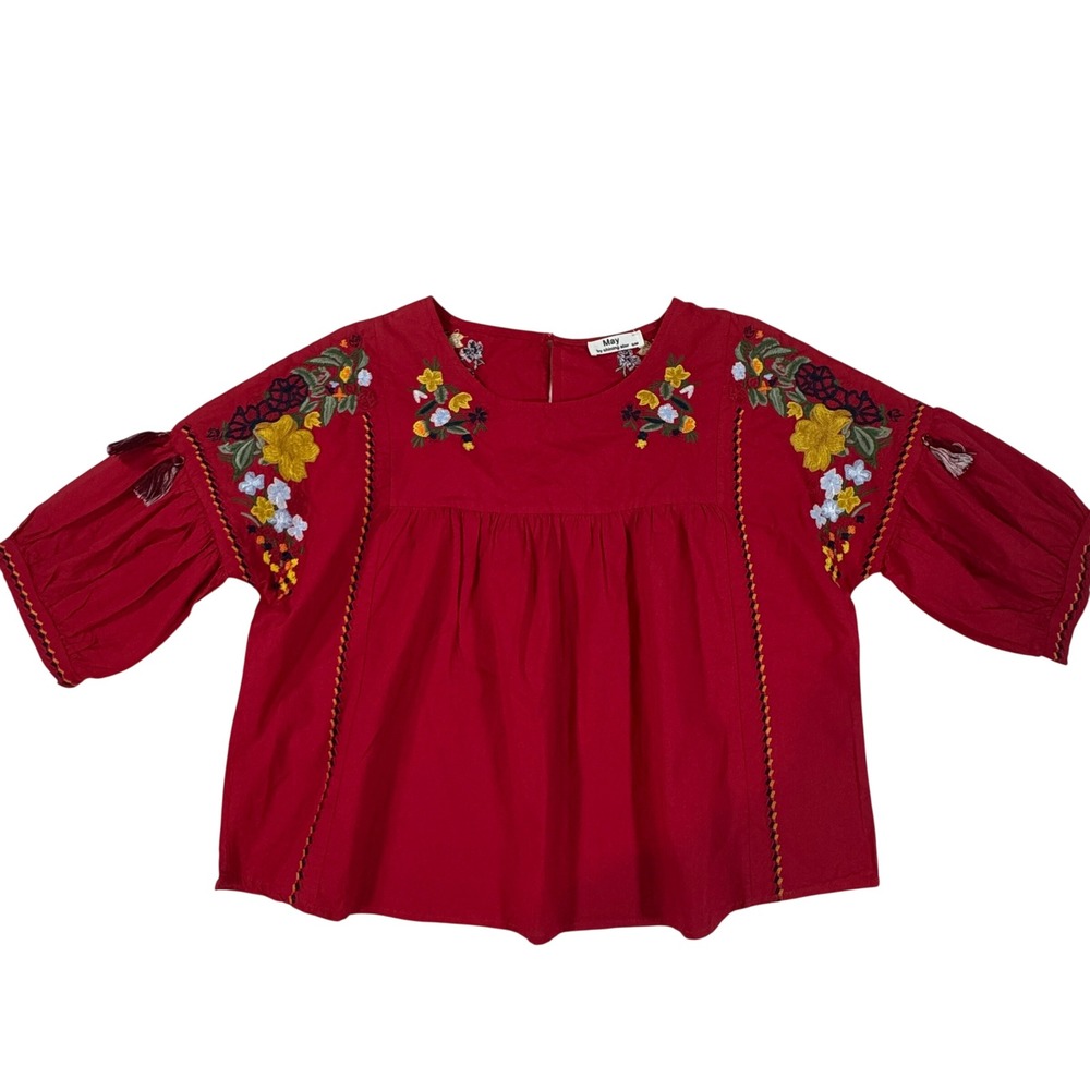 May by Shining Star Red Floral Embroidered Babydoll Blouse S/M Boho Whimsical